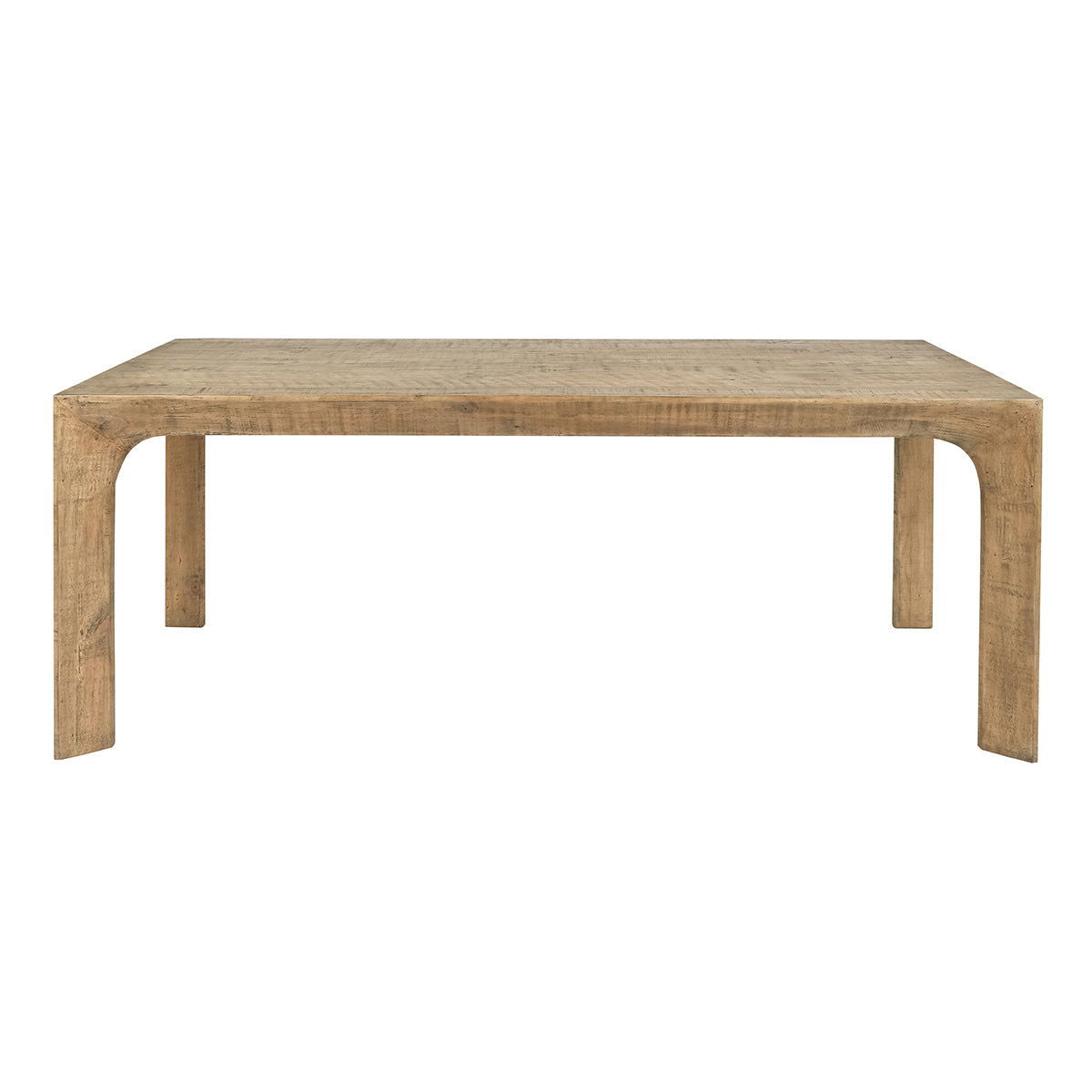 Warm natural wood dining table with rounded leg posts and open apron