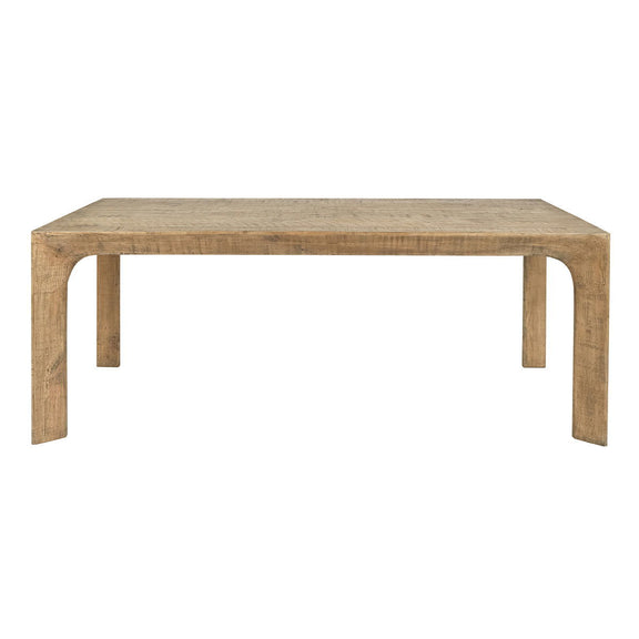 Warm natural wood dining table with rounded leg posts and open apron