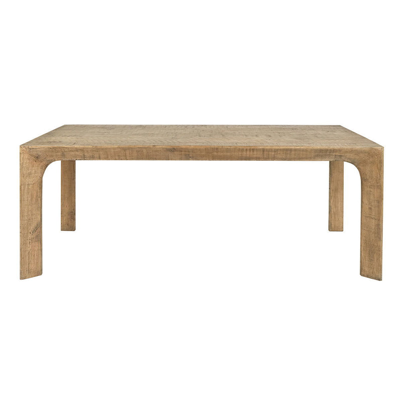 Warm natural wood dining table with rounded leg posts and open apron