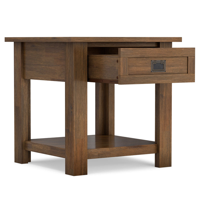 Handcrafted side table with dark brown finish, drawer center panel, and lower shelf