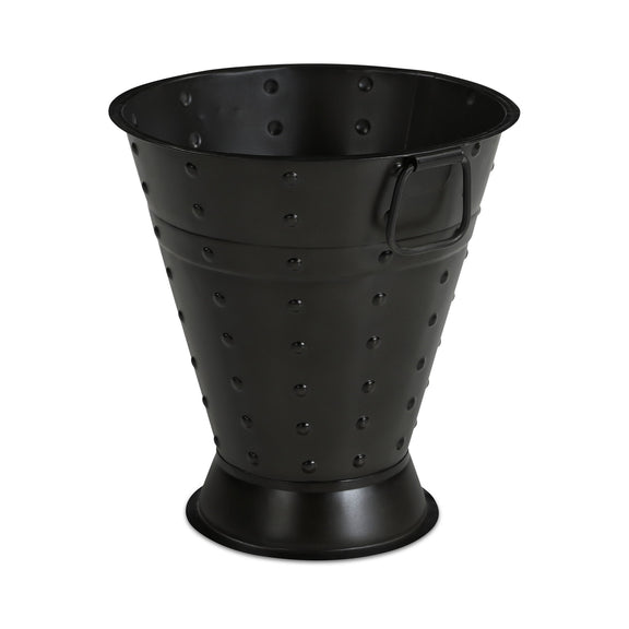 Black metal vase with studded pattern and side handle
