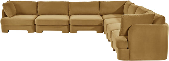 Tan velvet corner sectional sofa with chaise seating, 7-piece set
