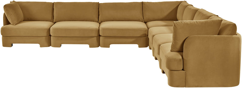 Tan velvet corner sectional sofa with chaise seating, 7-piece set