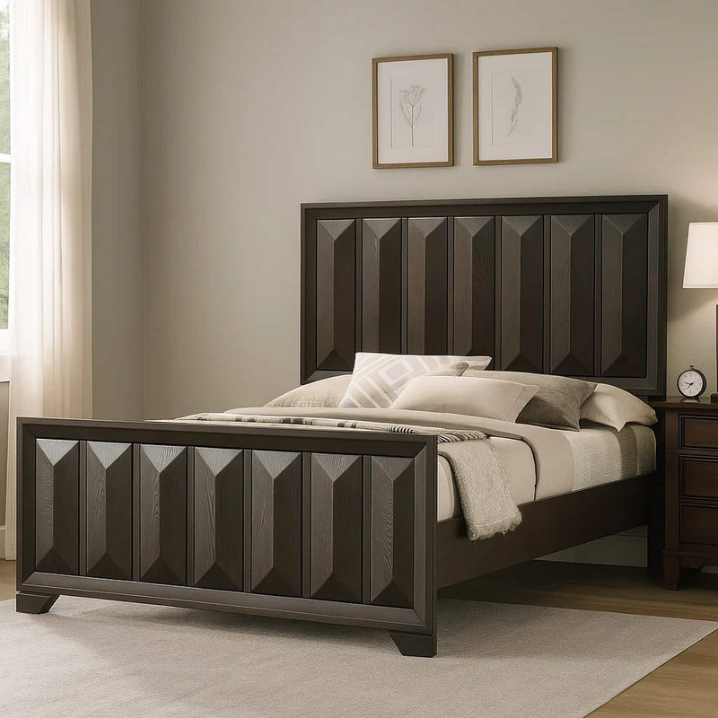 Dark brown platform bed with faceted panel headboard and upholstered low footboard