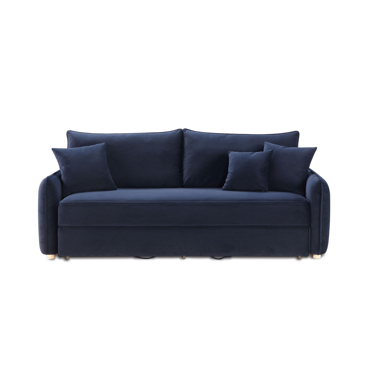 Dark blue upholstered sofa bed with rolled arms and 4 decorative pillows