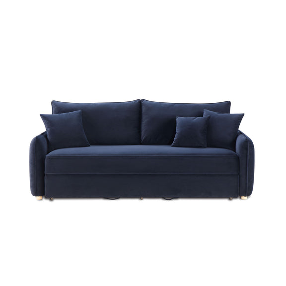 Dark blue upholstered sofa bed with rolled arms and 4 decorative pillows