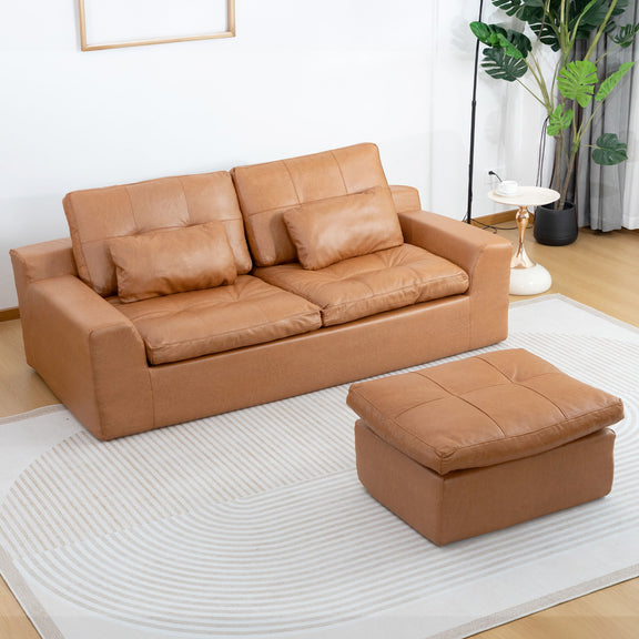 L-shaped 2-seater sofa with movable ottoman, light tan fabric cushions.