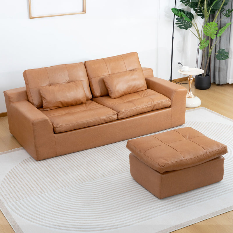L-shaped 2-seater sofa with movable ottoman, light tan fabric cushions.