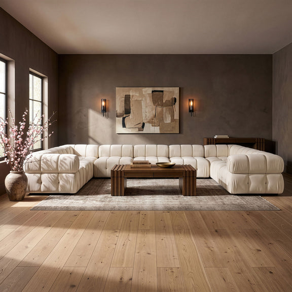 White velvet performance sectional with tufted cushions and modular chaise corner seating
