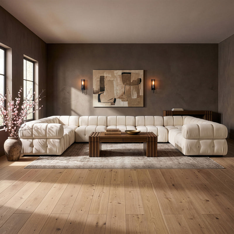 White velvet performance sectional with tufted cushions and modular chaise corner seating