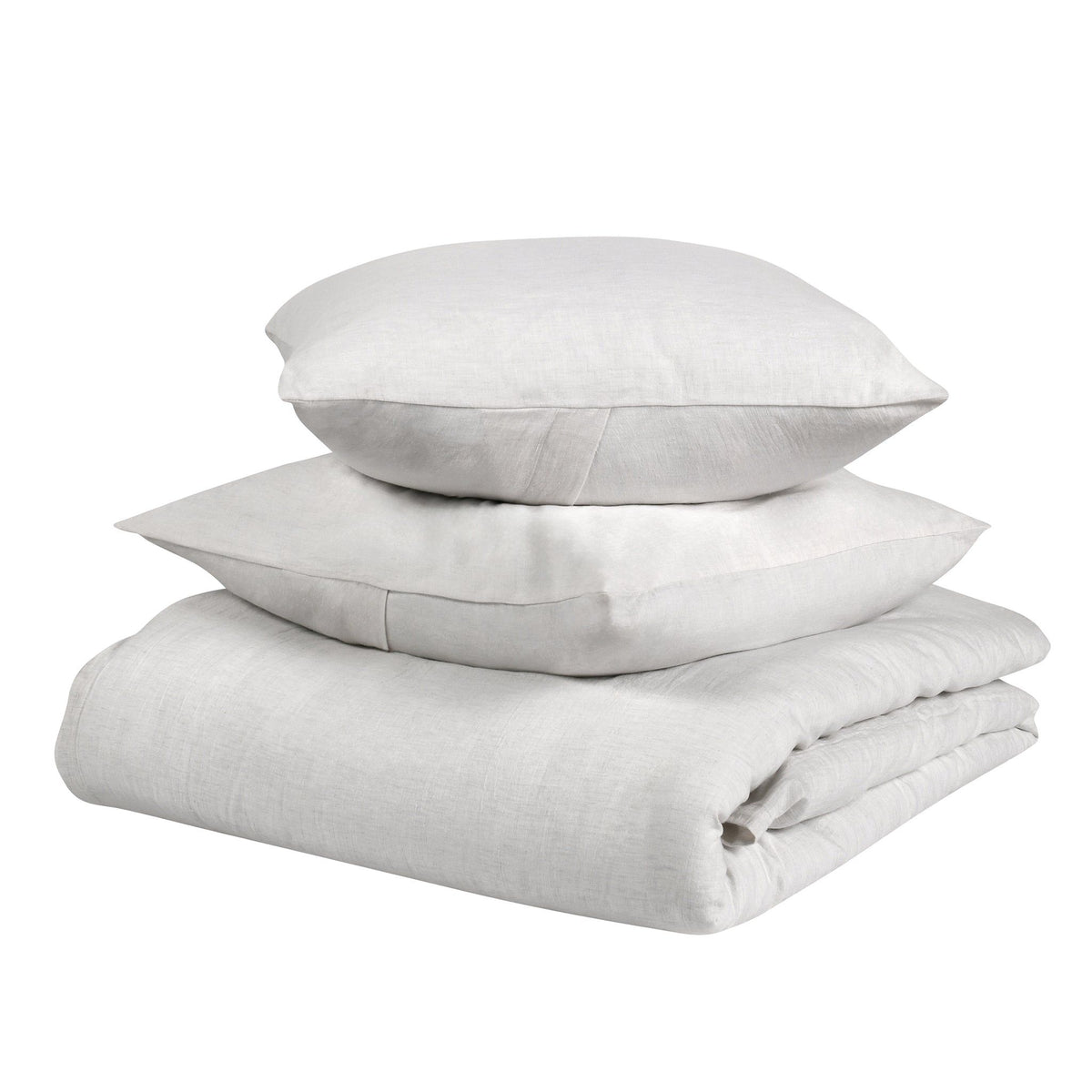 Linen cashmere duvet set in white with stacked duvet and two white pillows