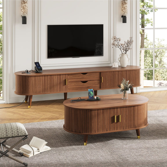 Dark wood TV stand with open shelves and drawers plus matching round coffee table