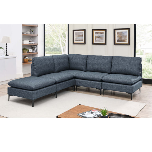 Dark gray modular sectional sofa with tall legs and wide corner chaise, seat cushions