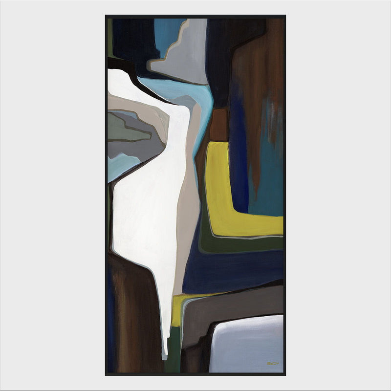 Framed canvas art, 40 x 80 in, abstract blue and dark brown with white and yellow blocks