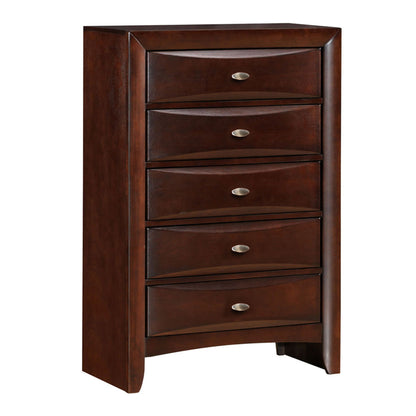 Dark brown wood chest of drawers with five stacked drawers and round metal knobs
