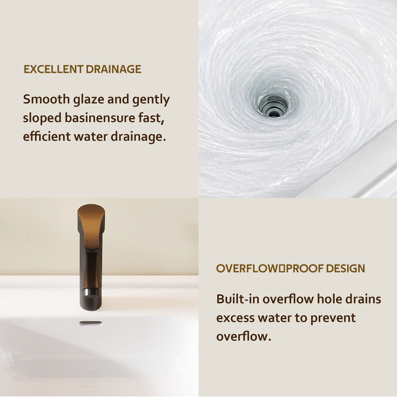 Ceramic sink drain and overflow area with matching fixture on vanity top