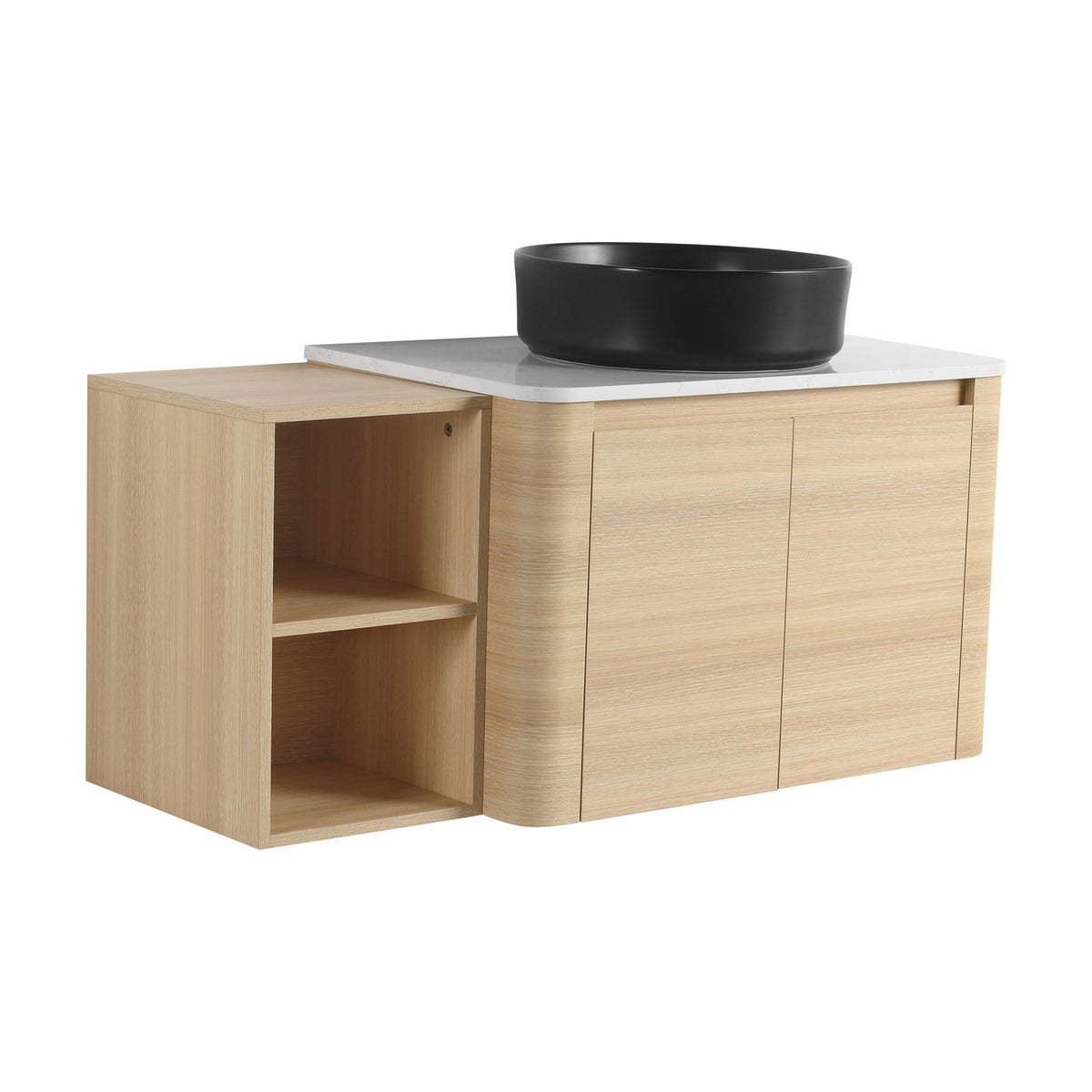Mounted bathroom vanity with black vessel sink and open left shelf, two-door storage