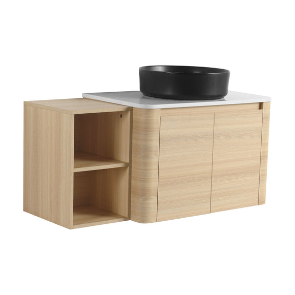 Mounted bathroom vanity with black vessel sink and open left shelf, two-door storage