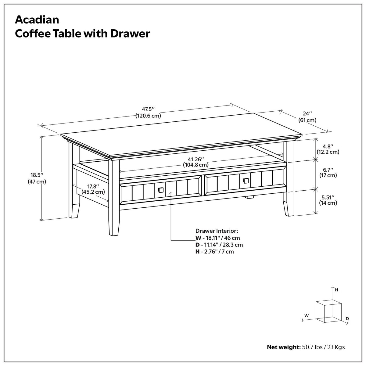 Brown coffee table with drawer, illustrated dimensions diagram