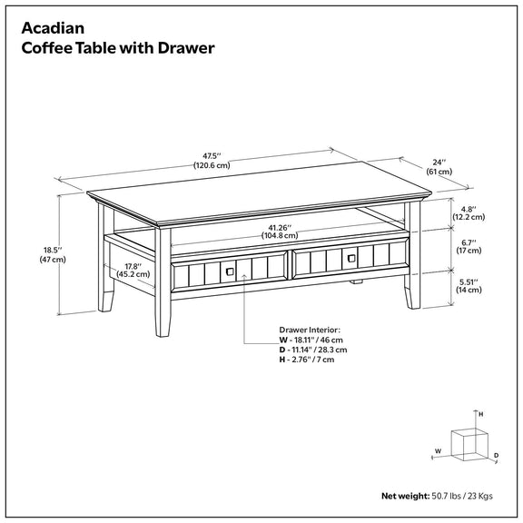 Brown coffee table with drawer, illustrated dimensions diagram