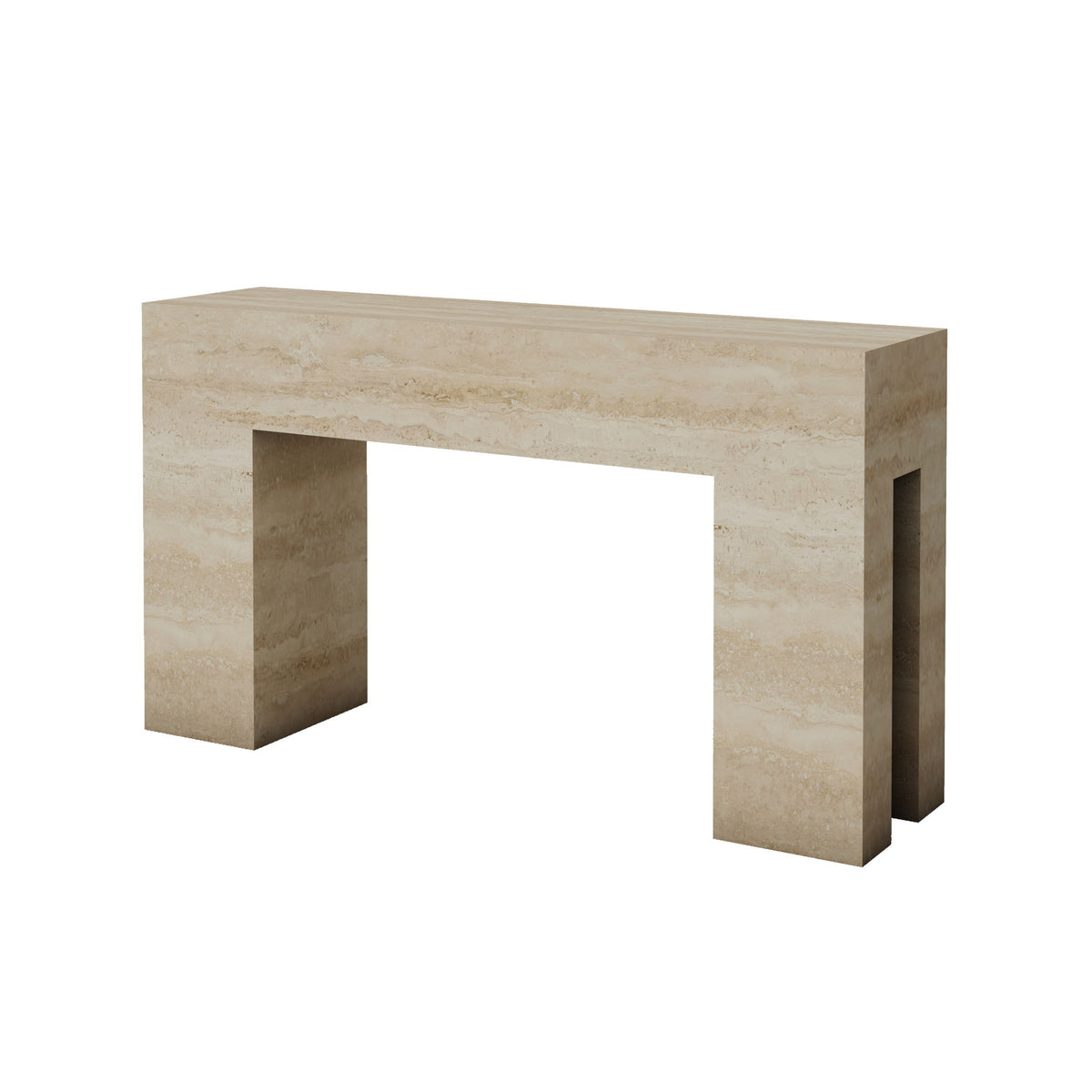 Beige console table with open center and straight legs, stone-look top
