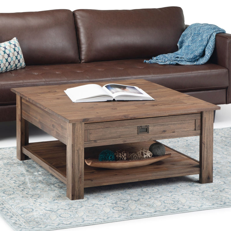 Dark brown side table with built-in drawer and lower shelf, rectangular tabletop