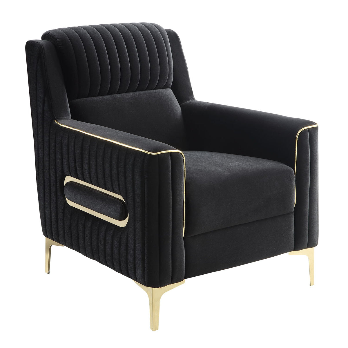 Black accent chair with ribbed upholstery, gold piping, and a rectangular front handle detail