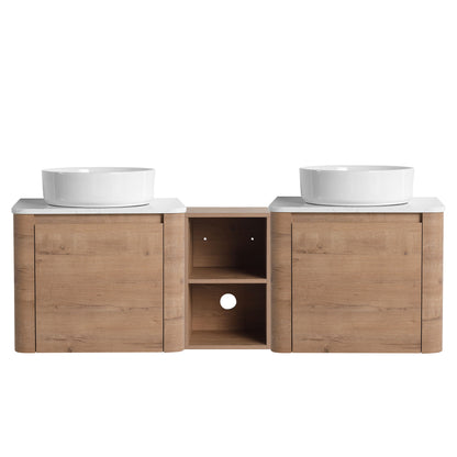 Wall-mounted bathroom vanity with two white vessel sinks and open central shelf, wood cabinet