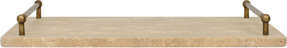 Gray travertine tray side view with four metal corner posts and low raised rim.
