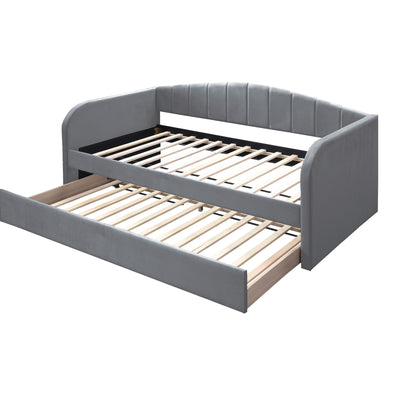 Gray upholstered bed trundle with slat support, twin-size pullout frame