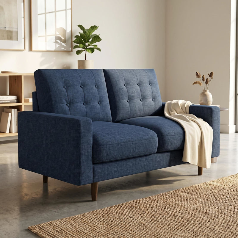 Blue two-seat loveseat sofa with button-tufted back, padded arms, and wooden legs