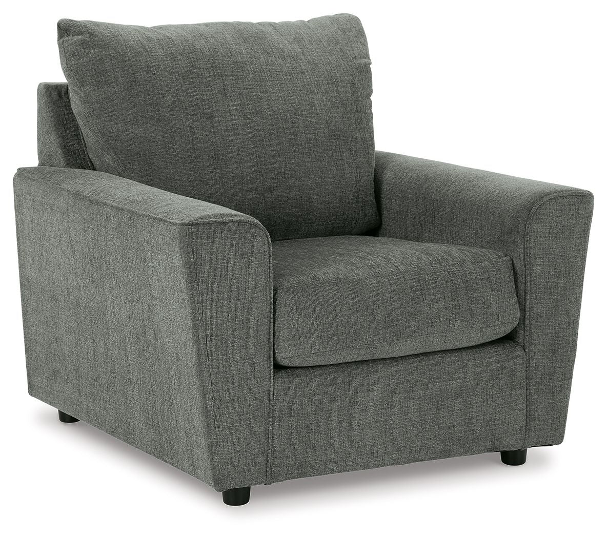 Upholstered accent chair with high back, gray fabric, cushioned seat and square arms