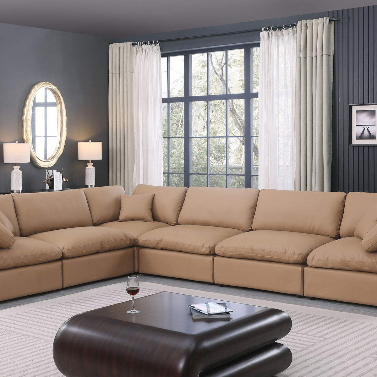 Comfy - 6 Piece Faux Leather Modular Corner Sectional - Tan