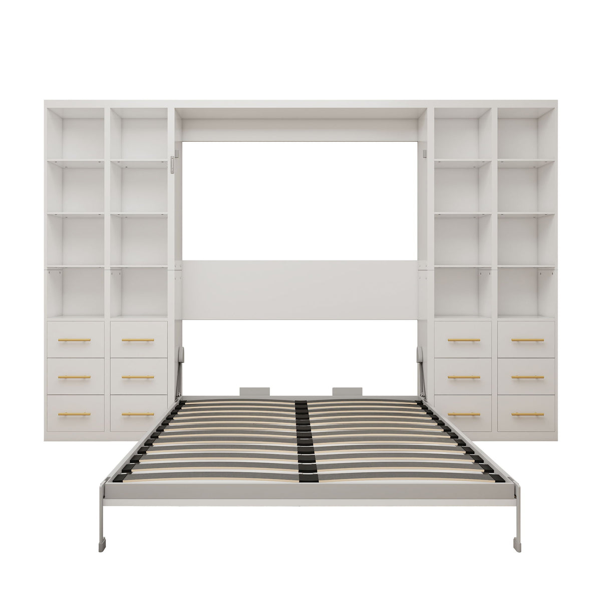 White vertical Murphy wall bed with upright cabinet doors open and striped slat mattress base