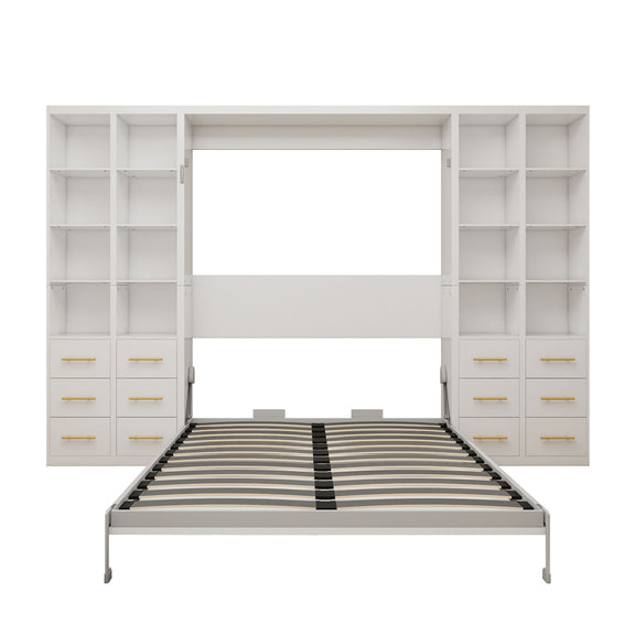 White vertical Murphy wall bed with upright cabinet doors open and striped slat mattress base