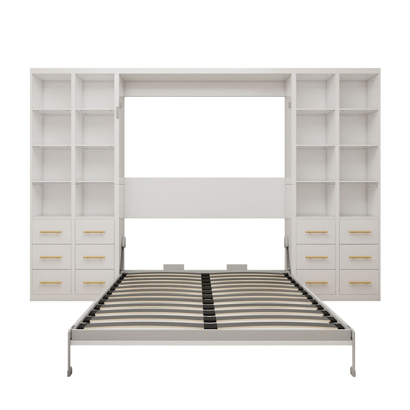 White vertical Murphy wall bed with upright cabinet doors open and striped slat mattress base
