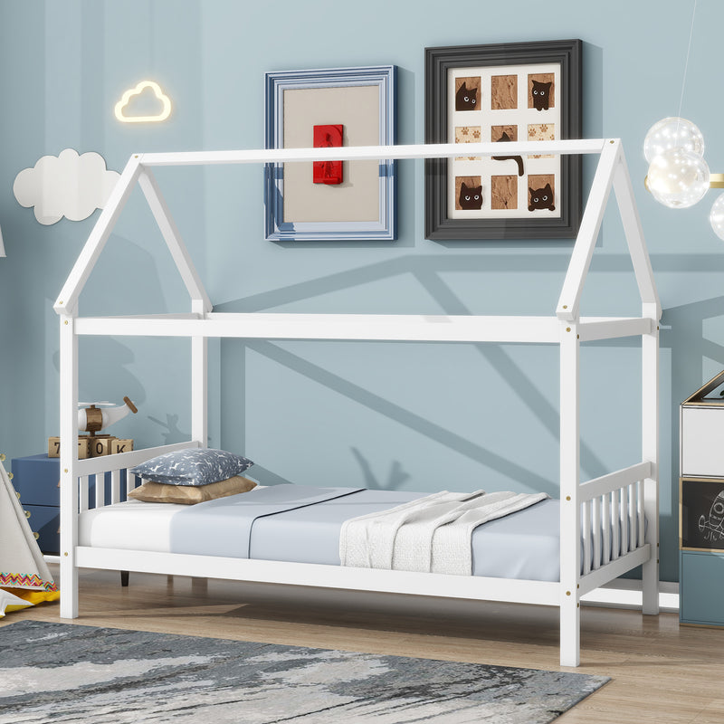Twin House Bed with Headboard and Footboard, Twin Rubber Wood Bed with House Frame, White