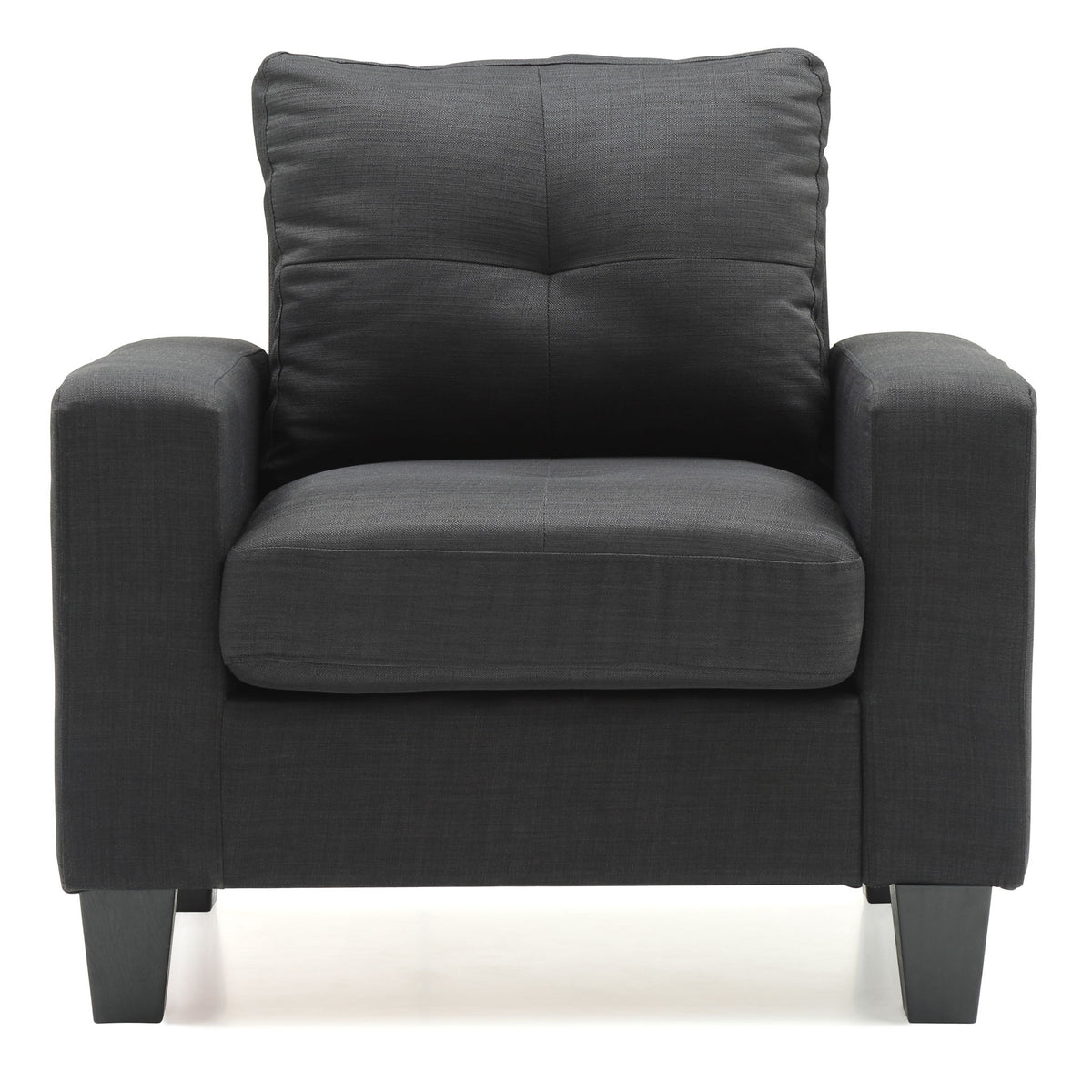 Dark gray upholstered accent chair with tufted high back and padded armrests