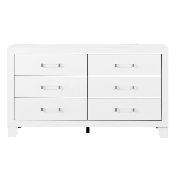 Omoda bedroom dresser with six white drawers and metal pulls