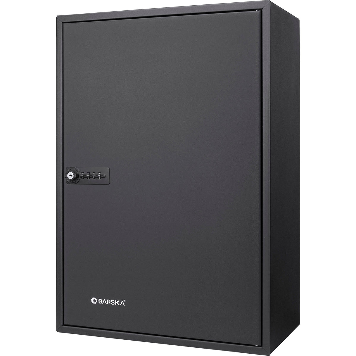 Black adjustable key cabinet with combination lock dial and mounting base, closed door