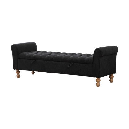 Modern Black Upholstered Storage Bench with Rolled Armrests, Napped Fabric, Rubberwood Legs, 65.75' Wide for Living Room, Entryway, Dormitory, Bedroom