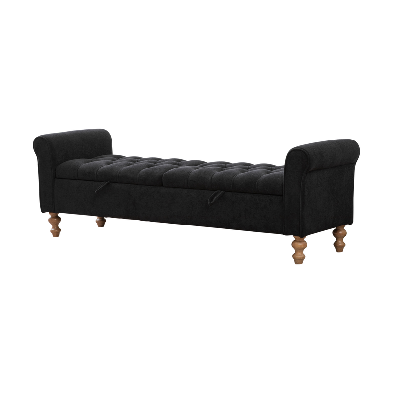 Modern Black Upholstered Storage Bench with Rolled Armrests, Napped Fabric, Rubberwood Legs, 65.75' Wide for Living Room, Entryway, Dormitory, Bedroom