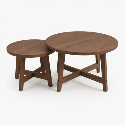 Dark brown round nesting coffee table set with two stacked tops and X-style support legs