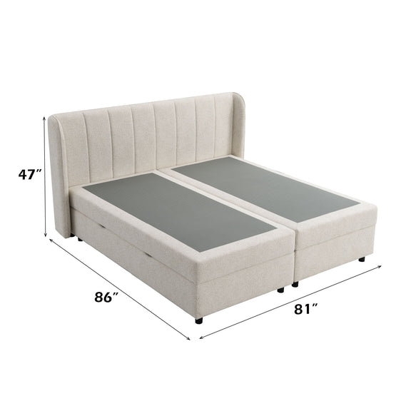 Beige upholstered storage bed with lifted mattress revealing storage compartments