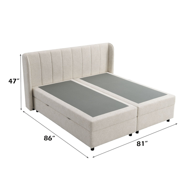 Beige upholstered storage bed with lifted mattress revealing storage compartments