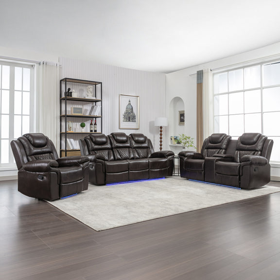 Brown 3-seat recliner sofa set with center console, manual recline, and LED strip
