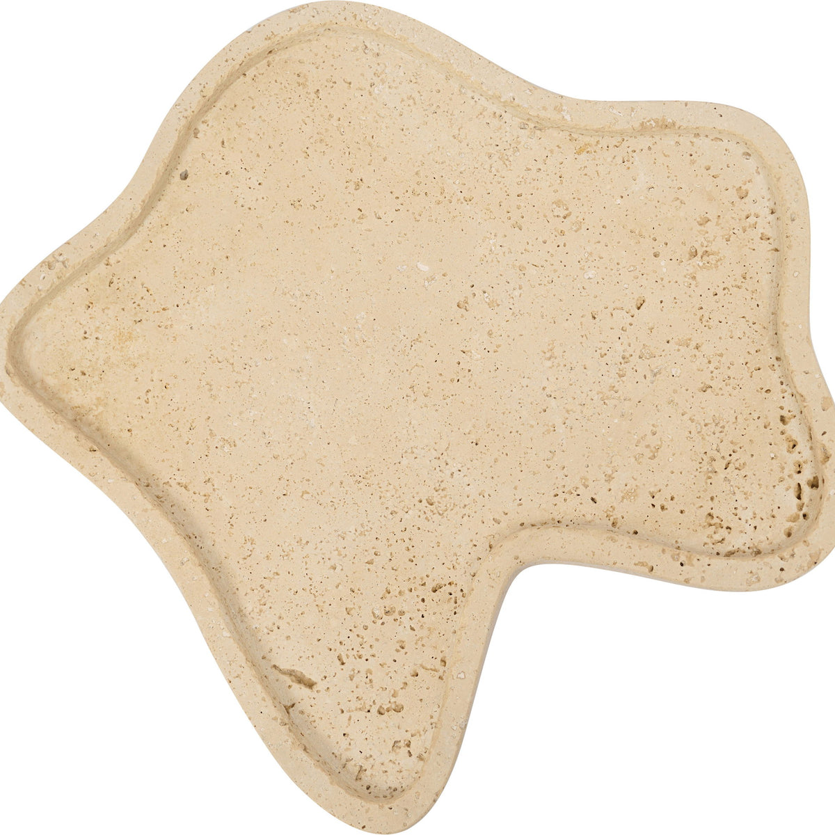 Beige travertine serving tray with speckled stone texture and shallow dish profile