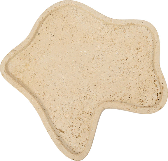Beige travertine serving tray with speckled stone texture and shallow dish profile