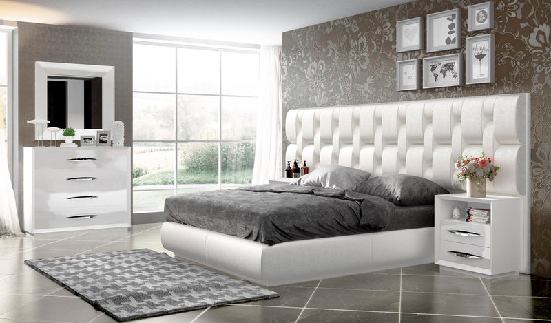 Emporio bed with white upholstered slatted headboard and matching bedside drawers