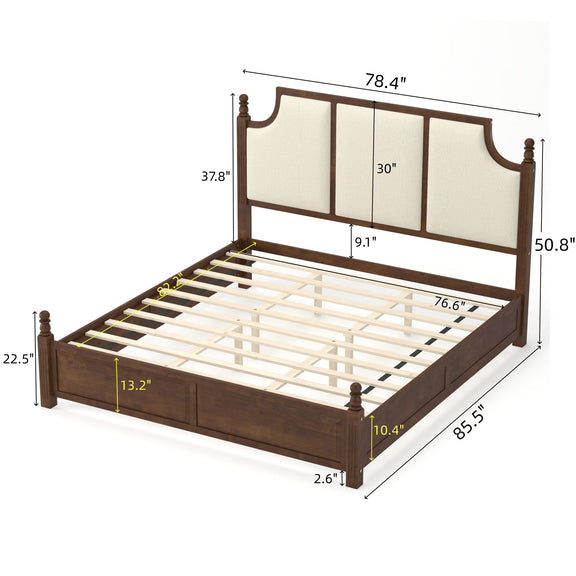 Upholstered platform bed frame with tall headboard and drawers, brown wood, cream panels